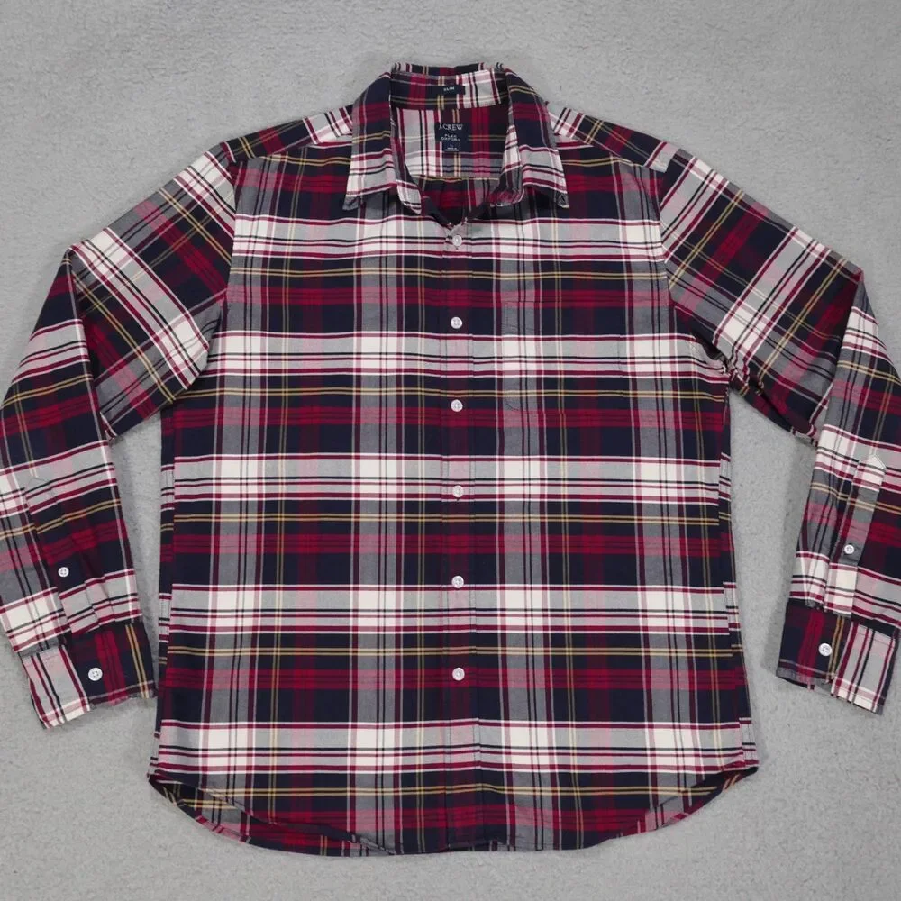 J Crew Oxford Shirt Mens Large SLIM Fit Red Navy Blue Plaid Long Sleeve
